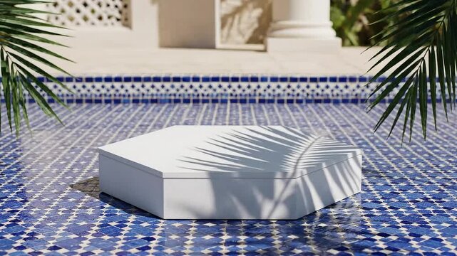 Minimalist White Hexagonal Pedestal on Moroccan Blue and White Tile Poolside with Palm Frond Shadows