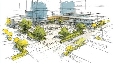 Urban planning concept illustration showing a vibrant city plaza design with modern buildings, commercial spaces, green areas, and pedestrian zones for community gathering