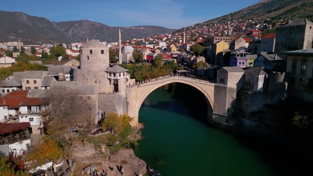 Bridge in Mostar, Bosnia, panorama - 4K aerial drone view