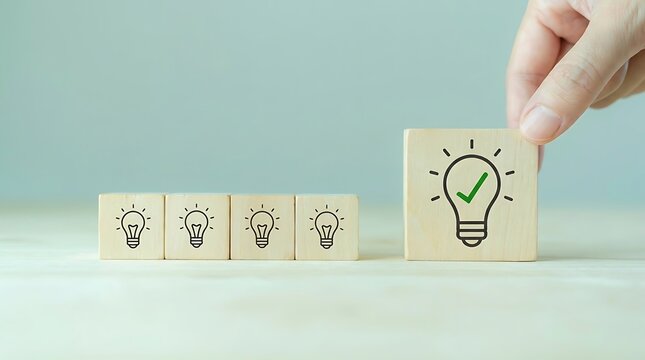 A hand placing a wooden block with a lit light bulb and green checkmark among other similar blocks on a white surface with a light blue background