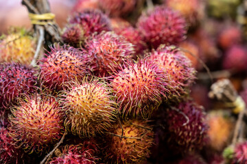 Market scene with bright red rambutans on display. Vivid closeup of clustered red rambutans emphasizing spiny texture and lively colors