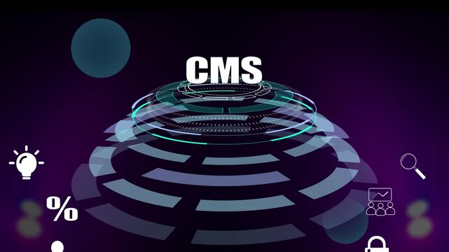 Content Management System - Website Backend and Digital Asset Control. Professional developer tool. Futuristic digital interface, networking, and data visualization.