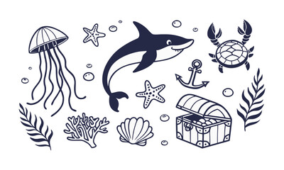 Ocean Animal Outline Icon Collection In Doodle Style vector illustration, easily editable.