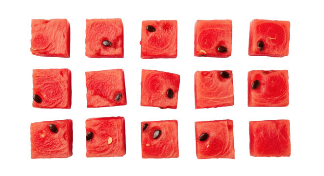 Fresh watermelon cubes PNG, isolated on transparent background Juicy red fruit pieces for summer designs and healthy eating concepts