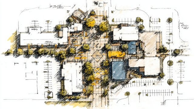 Site plan drawing presenting an aerial top down view of an urban retail complex master plan, integrating building layouts, parking areas, and landscape designs with trees