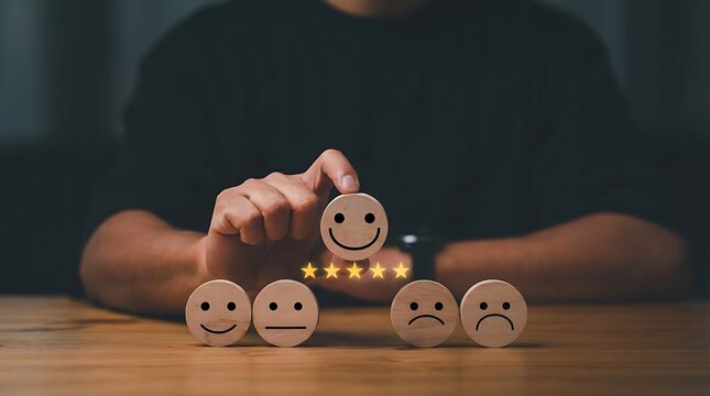 A person choosing happiness and positivity over sadness and negativity with wooden emoticon faces