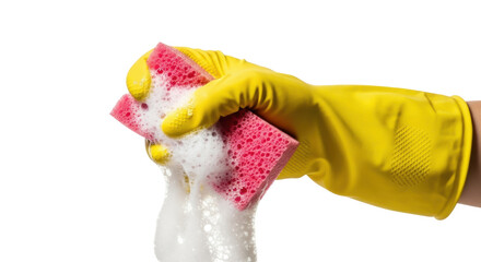 Yellow gloved hand squeezing a pink sponge with soap suds isolated PNG, cleaning concept for housework and hygiene on transparent background