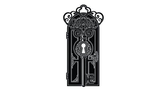 Ornate antique keyhole and intricate decorative door design in stark black and white silhouette vector graphic