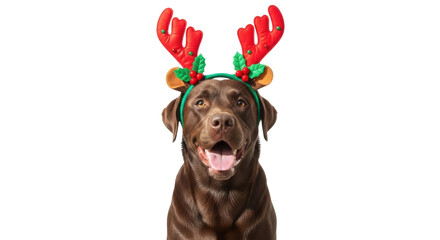 Chocolate Labrador Retriever with reindeer antlers isolated PNG, festive dog portrait on transparent background for Christmas holiday designs © Emilija