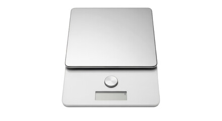 Digital kitchen scale isolated PNG on transparent background, modern silver food scale for cooking and baking, accurate weight measurement