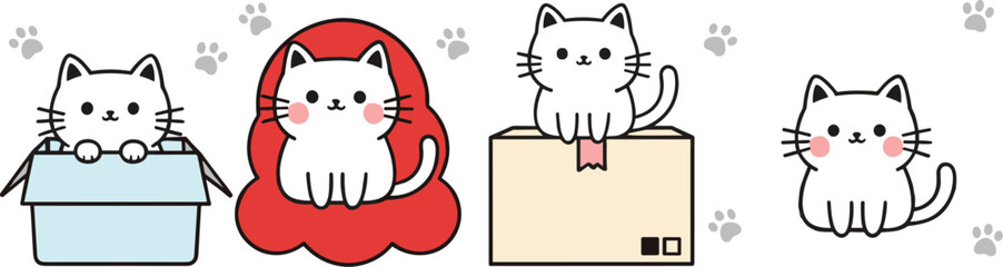 Obraz premium Cute kawaii cat characters sitting in boxes and cushion minimal cartoon flat vector illustration collection
