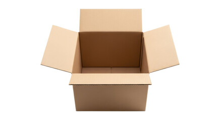 Open cardboard box isolated PNG on transparent background, brown container for shipping and storage, empty package for delivery and moving