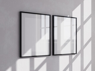 Photo Frame Hanging on White Wall with Sun Light Through Window 3D Render Isolated White for Mockup 3