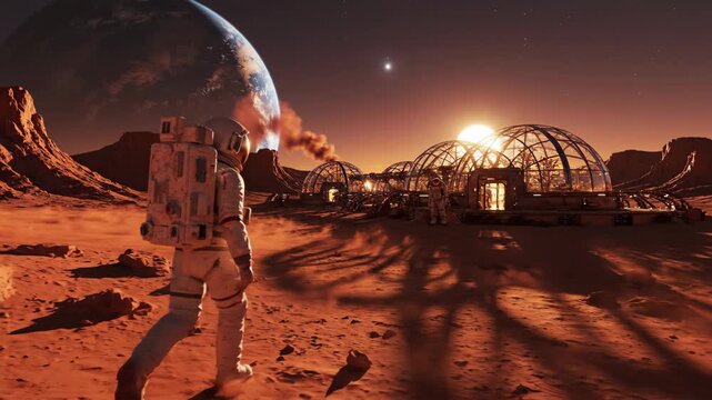 Astronaut approaching dome habitats on mars surface. Red planet exploration during sunset with earth visible in sky. Sci-fi space colonization and future settlement concept.