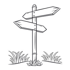 A black and white illustration of a signpost with three directional signs. Vector © Suriya