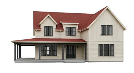 Modern farmhouse isolated PNG, two-story house with red roof and porch on transparent background, architectural design for real estate