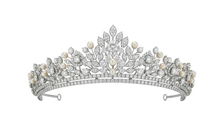 Elegant silver tiara with pearls and diamonds isolated PNG, vintage bridal headpiece for wedding or special occasion on transparent background © Emilija
