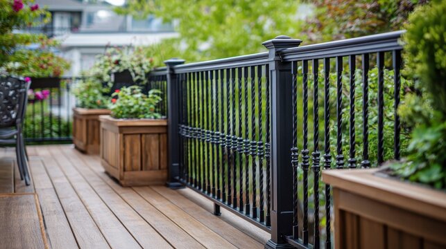 Residential deck showcasing a modern wooden floor and a stylish black metal railing, complete with decorative floral planters, providing a tranquil and elegant outdoor leisure area