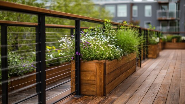 Rooftop garden planters overflowing with colorful flowers and ornamental grasses on a modern wooden deck with cable railing, offering a tranquil, eco friendly city escape