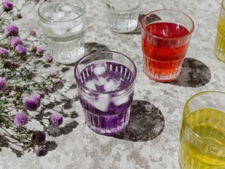 Colorful Mimosa Cocktails and Spring Flowers on a Stone Table Setting for Summer Brunch Event Hosting and Party Planning Social Media Content with Copy Space