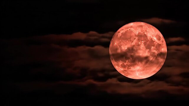 Crimson Full Moon Rising Through Ethereal Clouds