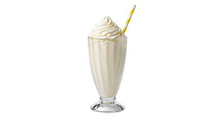 Vanilla milkshake with whipped cream and straw isolated PNG, creamy dessert in glass on transparent background