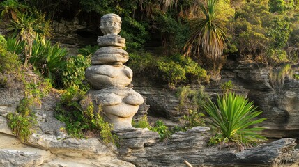 Towering rock sculpture in a serene natural setting with lush greenery