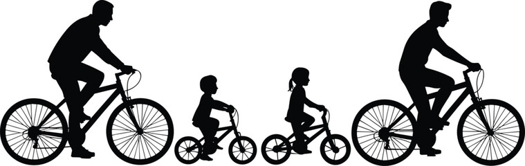 Obraz premium Silhouette of a family riding bicycles together a father and two children cycling in a line on a white background