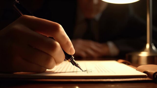 Executive signing a crucial contract with a classic fountain pen, Mediating Human.