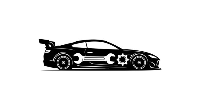 Minimalist side view of a sports car with wrench and gear integrated into the body. Creative black and white logo for modern car repair and customization shops.