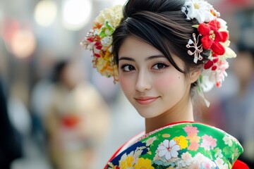 A woman wearing a colorful kimono walks in a busy street during a festival in Japan. People surround her as she smiles and showcases the beauty of the occasion with flowers in her hair.