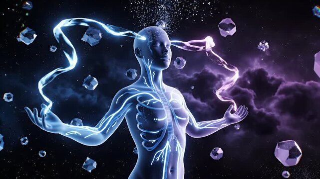 Mediating Human in cosmic meditation with levitating abstract crystals and energy flow