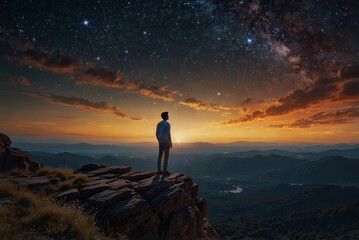 Obraz premium A person is standing on a rock at the edge of a hill. They watch the sunset as stars appear in the night sky. The landscape shows hills and a river below.
