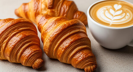 Freshly baked croissants paired with a steaming cup of cappuccino on a rustic table