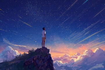 Fototapeta premium A person is on a rock viewing the night sky filled with stars and shooting meteors. The colors of dusk show a blend of orange and blue as clouds drift by. This moment captures wonder and beauty.
