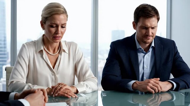 Stressed couple during divorce mediation with a professional Mediating Human in a city office.