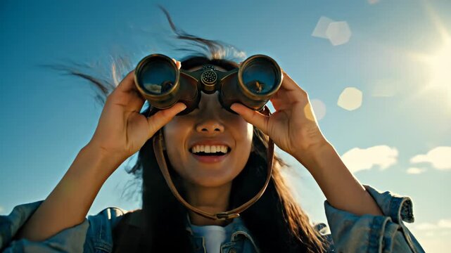 Woman and man peering through binoculars at sunny sky. Excited outdoor observation sequence in windy day. Adventure exploration and discovery concept.