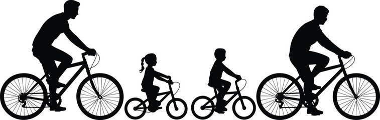 Obraz premium Silhouette of a family cycling with children on smaller bikes on a white background bicycles parents