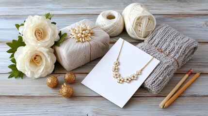 Fototapeta premium A cozy arrangement of crafting materials, including yarn, flowers, a handmade necklace, and stationery, perfect for creative projects.