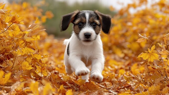 A playful puppy runs joyfully through a vibrant carpet of autumn leaves, showcasing the beauty of nature and the spirit of playfulness.