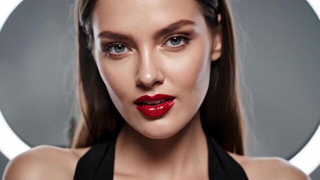 Woman applying red lipstick in closeup sequence. Beauty routine with puckered lips and glossy finish. Makeup tutorial concept for cosmetic demonstration and facial expression focus.