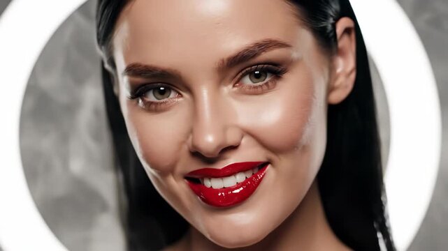 Woman exhaling vapor from electronic cigarette in close-up. Beautiful female portrait with red lips and gentle smile. Vaping beauty trend and lifestyle concept.