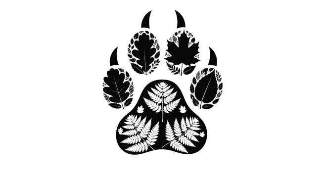 Stylized black and white bear paw print design incorporating various detailed botanical leaf silhouettes