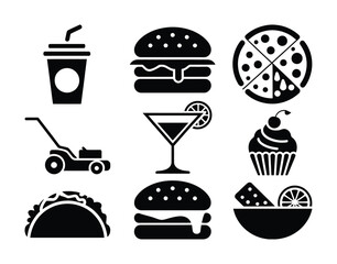 Collection of Food, Drink, and Lawn Mower Icons