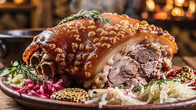 Crispy Pork Knuckle with Sauerkraut and Mustard