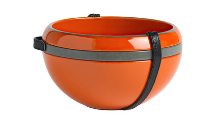 Orange, round bowl with a gray band and black straps on a black background
