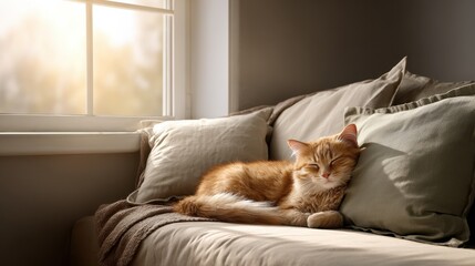 A cozy orange cat peacefully sleeps on soft pillows by a sunlit window, creating a serene and comforting atmosphere.