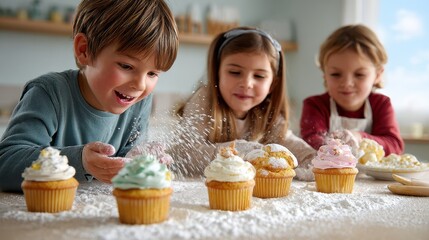 Fototapeta premium Children joyfully decorating colorful cupcakes with powdered sugar in a bright kitchen, showcasing creativity and fun in baking.