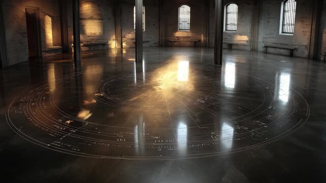 Polished Floor Reflecting Sunlight with Intricate Patterns in a Spacious Interior Room