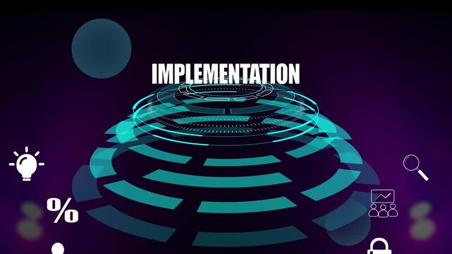 Implementation - Strategic Activation and Project Deployment. Operational tool. Modern technology, plan execution, and result concept background.